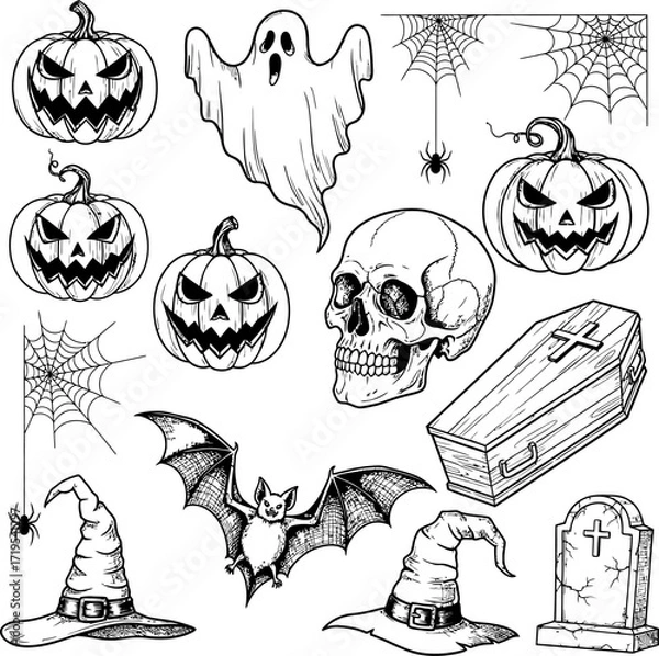 Fototapeta Spooky Halloween elements set, hand-drawn in black and white, featuring pumpkins, ghosts, skulls, and witch hats for eerie seasonal designs