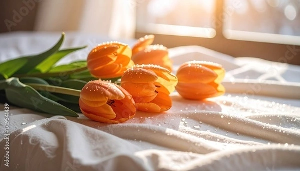 Fototapeta A bouquet of vibrant orange tulips with dew drops rests gently on a white fabric, bathed in the warm glow of sunlight streaming through a window.
