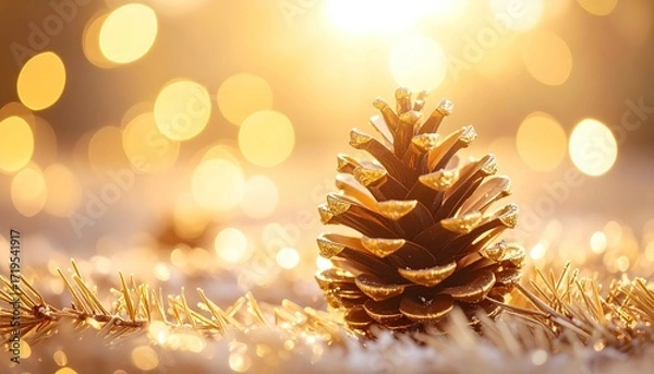 Fototapeta Golden pine cone rests amidst a soft glow of warm holiday lights, creating a festive and inviting scene.