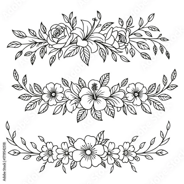 Obraz Delicate Floral Borders with Roses, Hibiscus, and Blossoms