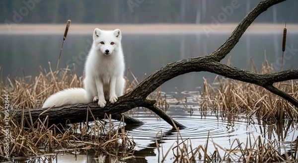 Fototapeta 静かな湖畔の倒木に座りこちらを見つめる美しい白ギツネ
