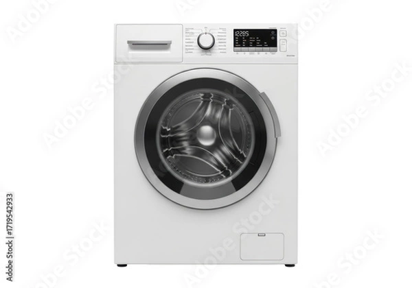 Fototapeta A modern white front-loading washing machine with a chrome door, digital display, and rotary dial, isolated on a seamless bright white studio background with copy space, concept for home appliance