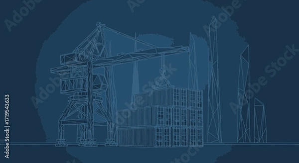 Fototapeta Blueprint illustration of a port with containers, cranes, and city buildings for global trade