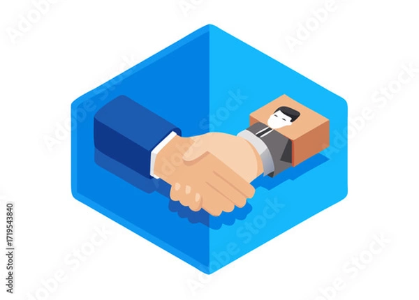 Obraz op view design on blue background of Hand shaking which print screen on wooden cube block which connection with human icon for business deal and agreement concept.icon
