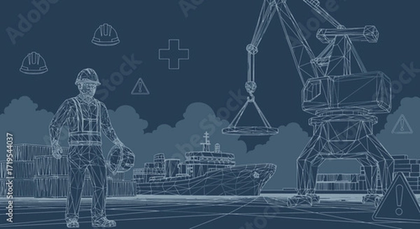 Fototapeta Blueprint Style Illustration of Shipping Port with Worker Crane and Cargo Ship