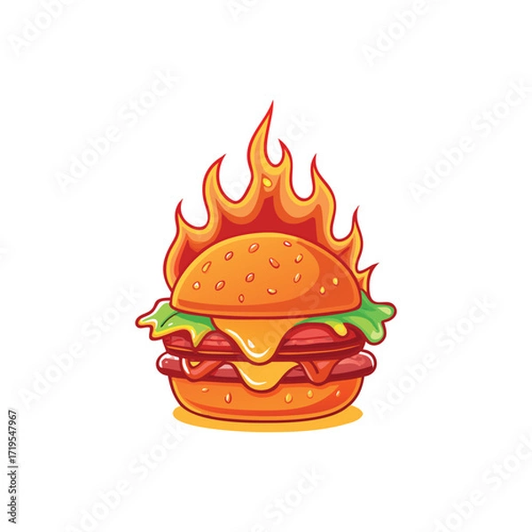 Fototapeta Flaming Burger Logo Design – Fast Food Branding Vector