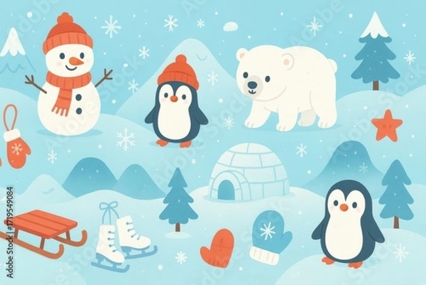 Obraz Seamless winter wonderland cartoon pattern for kids with snowmen, igloos, and penguins in soft cheerful winter colors for decor. Generative AI
