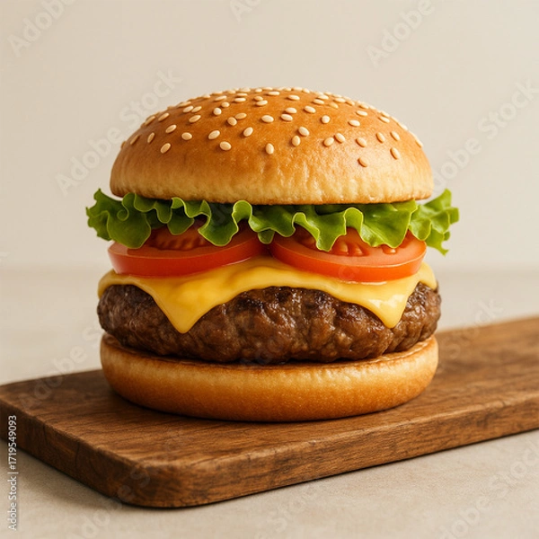Fototapeta 3D Realistic Halal Beef Burger on Wooden Platter