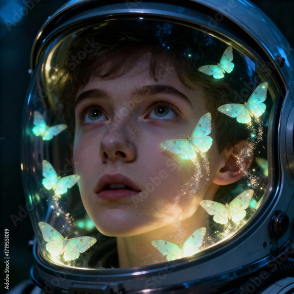Fototapeta A child gazes up in wonder as magical glowing butterflies flutter inside their space helmet. A surreal concept of dreams and imagination.