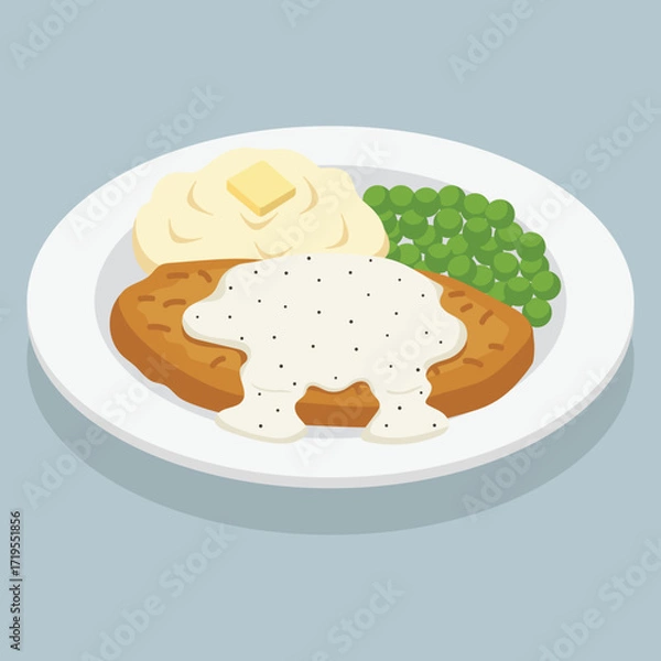 Fototapeta vector flat color of beef fried steak smothered in creamy white gravy with mashed potatoes and a pat of butter alongside green peas