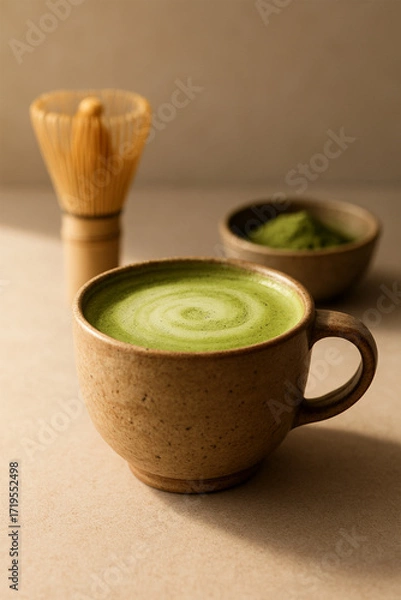 Fototapeta Rustic Ceramic Cup Matcha Latte with Bamboo Whisk – Front View