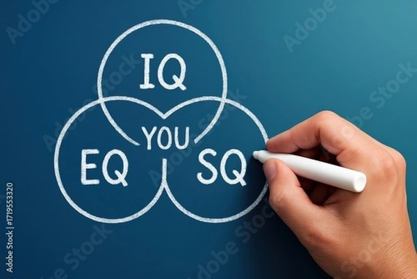 Fototapeta Hand draws a simple white chalk Venn diagram on a teal chalkboard, visualizing IQ, EQ, and SQ's intersection for comprehensive personal development and modern success