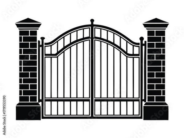 Fototapeta Big gate and brick pillars icon. Black silhouette. Front view. Vector simple flat graphic illustration. Isolated object on a white background. Isolate.