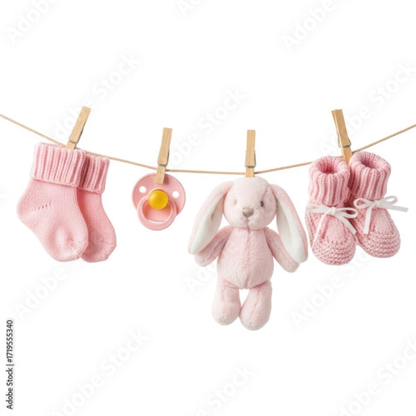 Fototapeta Tiny knitted pastel pink baby socks, soft pacifier with yellow nipple, plush bunny, delicate booties on wooden clothesline, white background, newborn essentials concept.