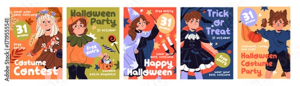 Obraz Set of Halloween masquerade event poster design. Advertising templates of Helloween party or carnival for kids. Promotion layouts with children wearing cute festive costumes. Flat vector illustrations