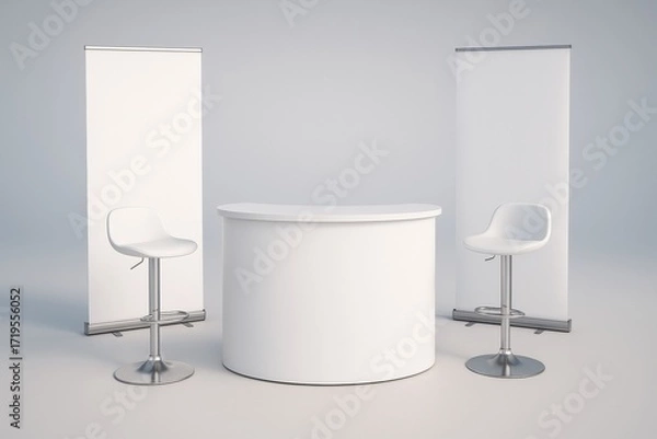 Fototapeta Modern white trade show booth awaits branding, featuring sleek design with two blank banners and bar stools for events