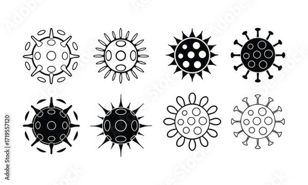 Fototapeta Black and white illustration of various virus and bacteria shapes and forms silhouette
