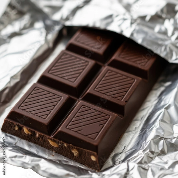 Fototapeta Dark chocolate bar with nuts unwrapped in foil isolated on transparent background