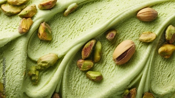 Fototapeta Close-up of creamy pistachio ice cream featuring crushed nuts, highlighting the smooth texture and vibrant green color, ideal for food photography and dessert inspiration