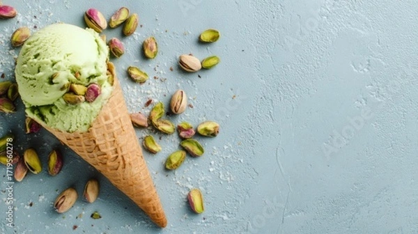 Fototapeta A delightful pistachio ice cream cone rests on a textured blue surface, surrounded by crushed pistachio nuts, creating an inviting and appetizing scene for dessert enthusiasts