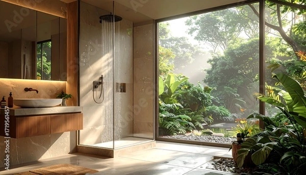 Fototapeta A serene bathroom scene features an open shower and large window overlooking lush greenery. Light streams in