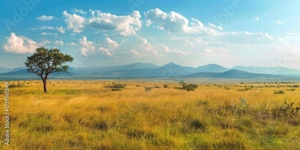 Obraz Wild Grasses serene and Mountains on the Horizon. nature yellow grass field savanna meadow.