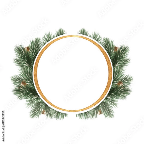 Fototapeta Hand-drawn illustration of a festive round frame with pine branches and pine cones, surrounded by a sparkling golden ring