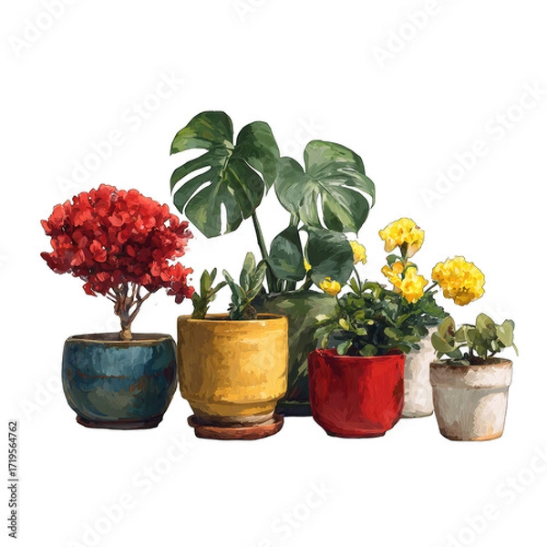 Fototapeta Group of potted plants in various colors and styles