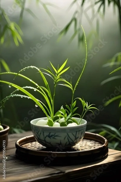 Obraz 緑の植物と白玉が入った青と白のボウル