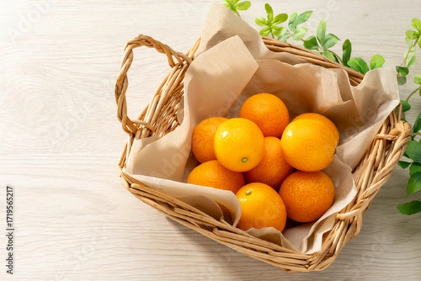 Fototapeta 新鮮な金柑と木目の背景