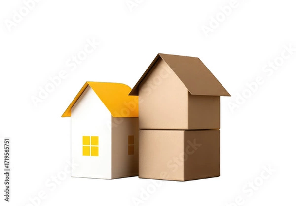 Fototapeta Two stylized houses, one small white with a yellow roof, the other a stack of brown cardboard boxes forming a larger, three-story house