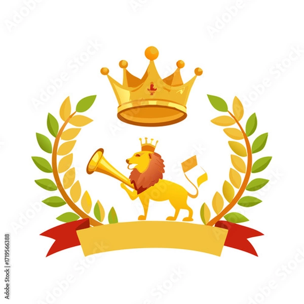 Obraz Gold crown of the king. laurel wreath, trumpet, lion, ribbon, vector illustration icon .king
