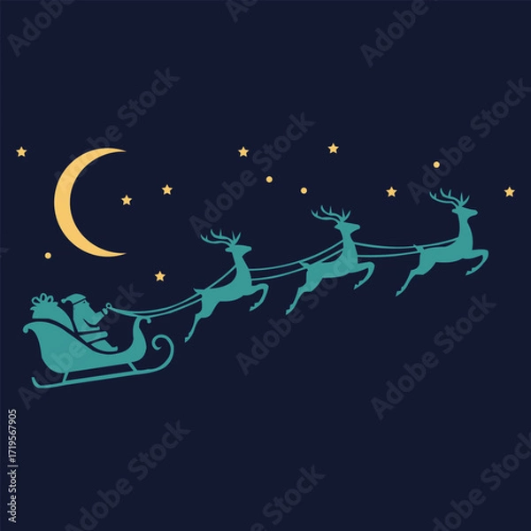 Fototapeta Vector art of santa claus flying in his sleigh pulled by reindeer across the night sky with a crescent moon and stars