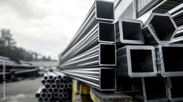 Fototapeta Aerial view of neatly stacked steel pipes in a storage yard, demonstrating the extensive inventory and readiness for distribution.