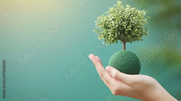 Fototapeta Hand of human holding green earth with tree for ESG, co2, and net zero.Concept of World sustainable environment