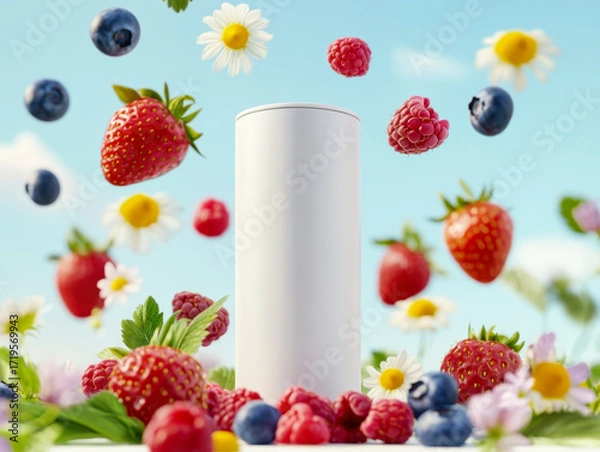 Fototapeta Mixed berries smoothies fruit with milk, yogurt splashing of Tropical fruits isolated on white background