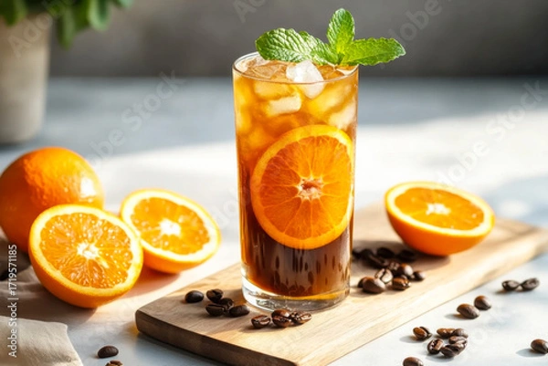 Fototapeta Glass of colorful cocktail of bumble or crazy bee with orange juice and espresso coffee on a dark table with fresh oranges.