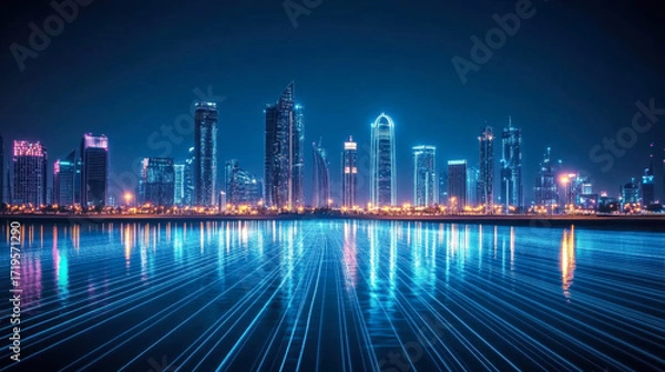 Fototapeta Abstract speed light flow through the city with gradient and aesthetic Intricate lighting design