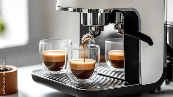 Fototapeta Coffee machine making latte on dark table
