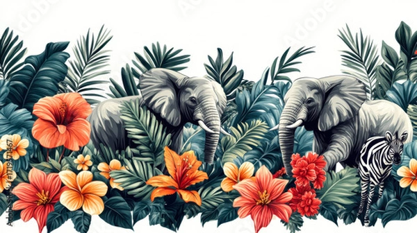 Fototapeta seamless pattern with safari animals and palm trees