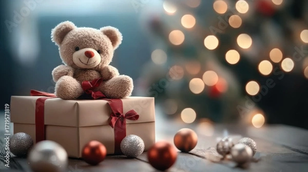 Fototapeta A cozy Christmas scene featuring a teddy bear atop a beautifully wrapped gift, surrounded by festive decorations and soft bokeh lights.