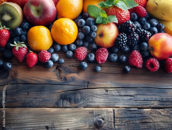 Fototapeta A vibrant array of fresh fruits arranged beautifully, showcasing colors and textures, ideal for health and food themes.