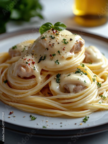 Fototapeta pasta in the form of four nests of flat pasta stacked on a white plate with smooth edges