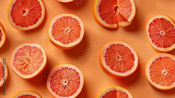 Fototapeta slices and shot from above, making a fun pattern on a fruit ,orange, lemon, pumpkin,corn,coffee bean,grape,papaya,strawberry background