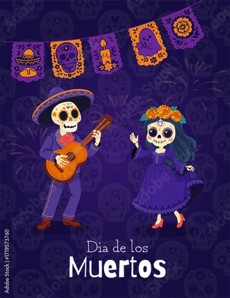 Fototapeta Festive Dia de los Muertos poster with dancing skeletons and papel picado