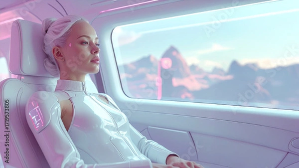 Fototapeta A serene portrait of a woman with white hair, gazing thoughtfully out the window of a sleek, futuristic vehicle. The interior's minimalist design and the subtle pink glow of the lighting create a calm