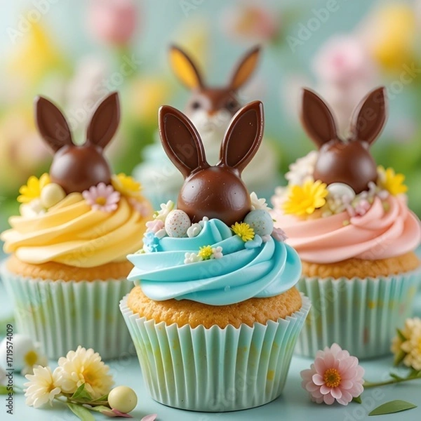 Fototapeta Cupcakes with pastel-colored frosting, topped with mini chocolate eggs