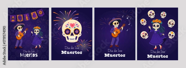 Fototapeta Set of Dia de los Muertos greeting cards with skeletons and skulls