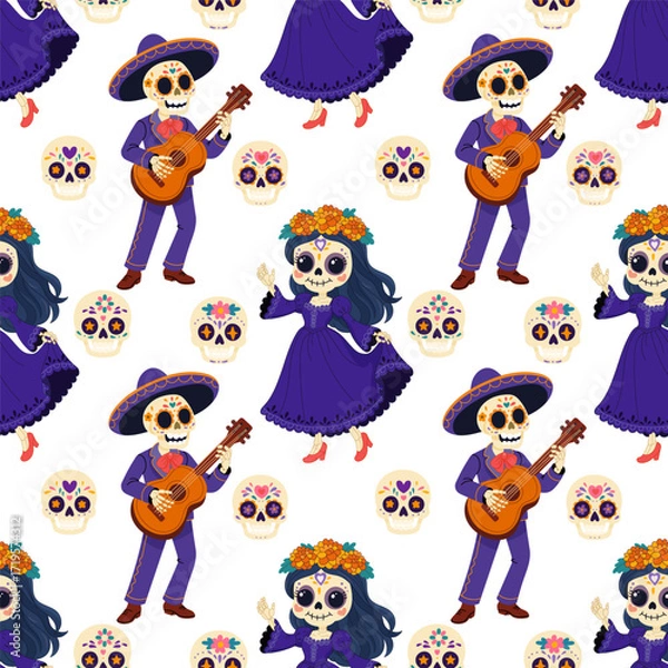 Fototapeta Seamless Dia de los Muertos pattern with skeleton couple and sugar skulls