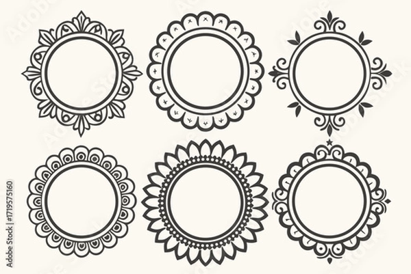 Fototapeta Six ornate circular decorative frames with vintage floral and scrollwork designs vector